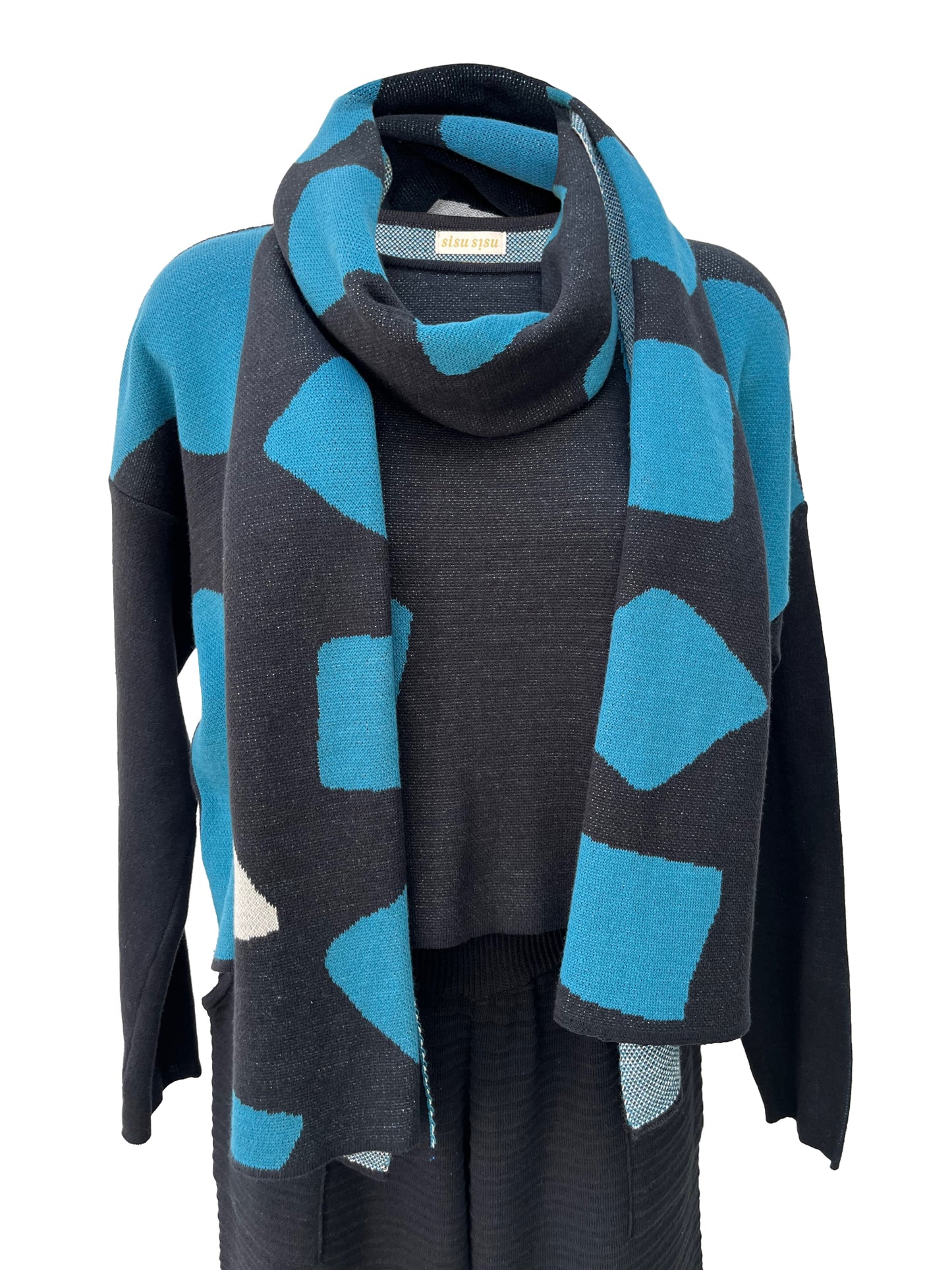 Irregular Square Cotton Knitted Scarf - Kingfisher Blue, Black & Ivory