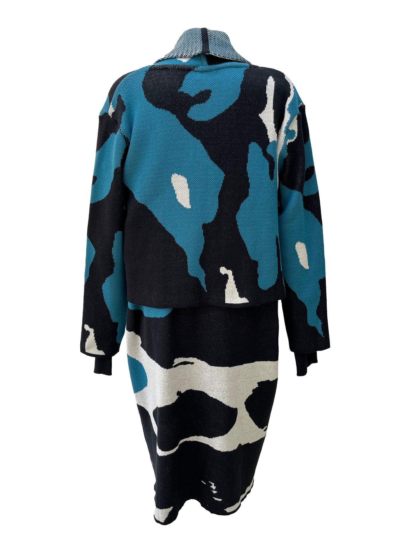 Abstract Cotton Knitted Tulip Jumper Dress - Kingfisher Blue, Black & Ivory