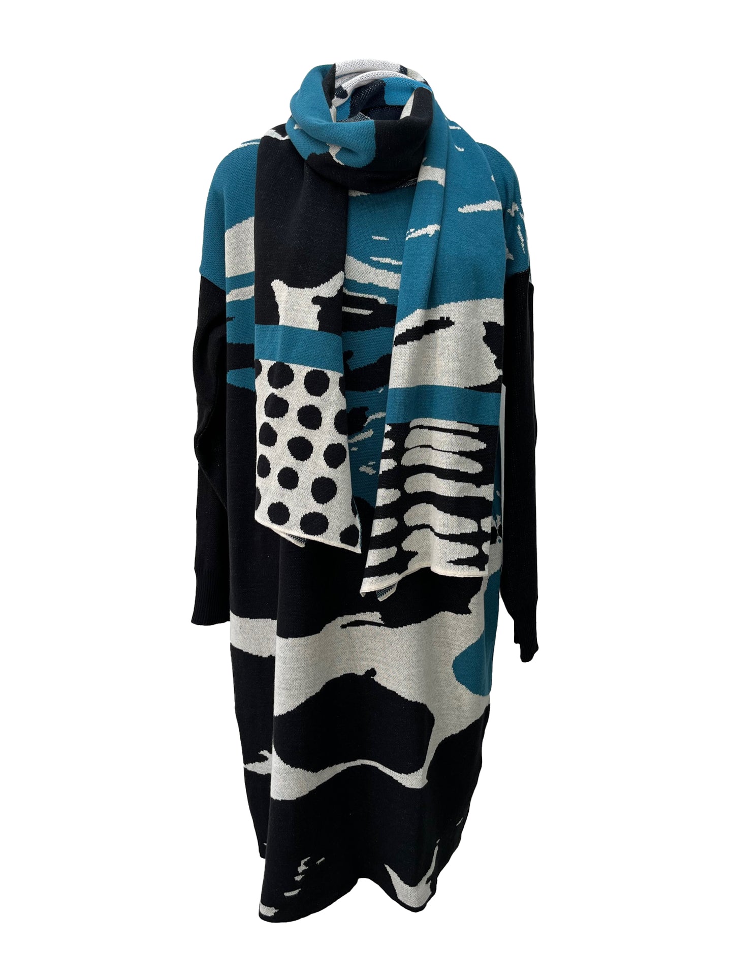 Abstract Cotton Knitted Scarf - Kingfisher Blue, Black & Ivory