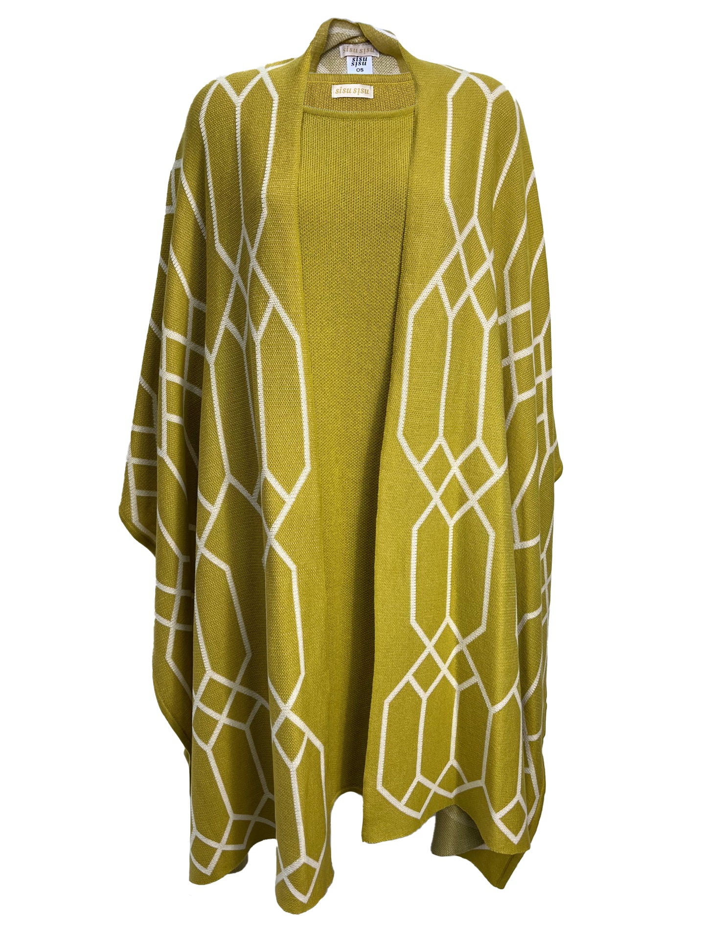 Geometric Knitted Kimono/Cape - Chartreuse & Ivory