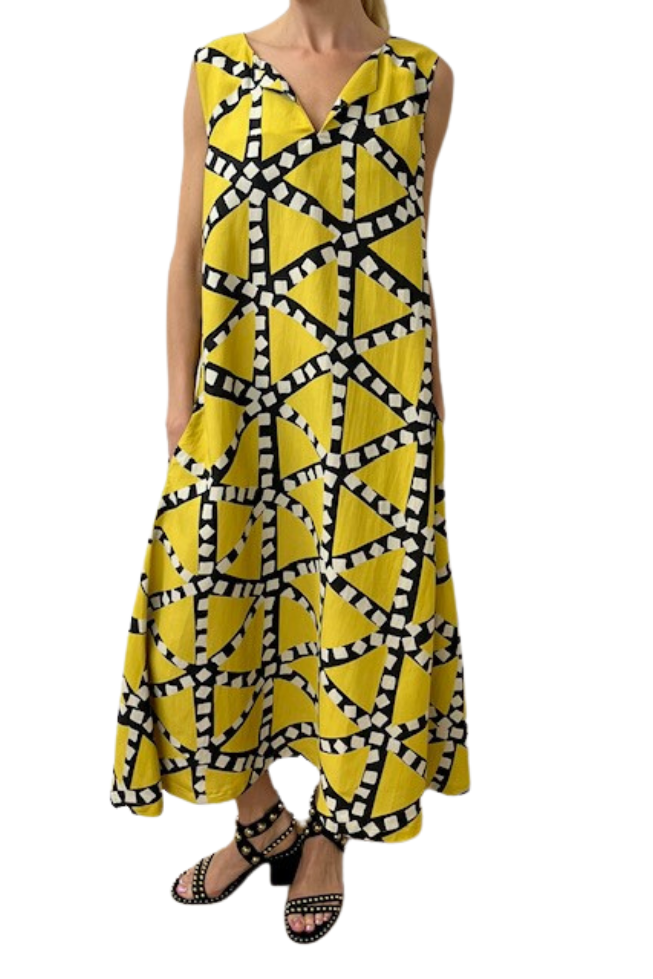 Sour Lime Geometric Print A-Line Maxi Dress