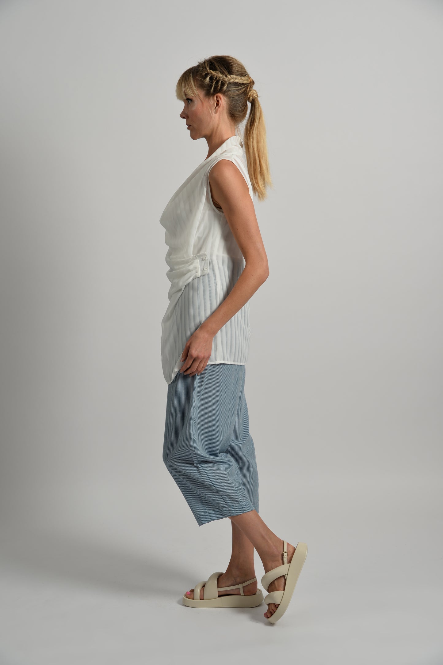 Sheer Stripe Cowl Neck Top - White