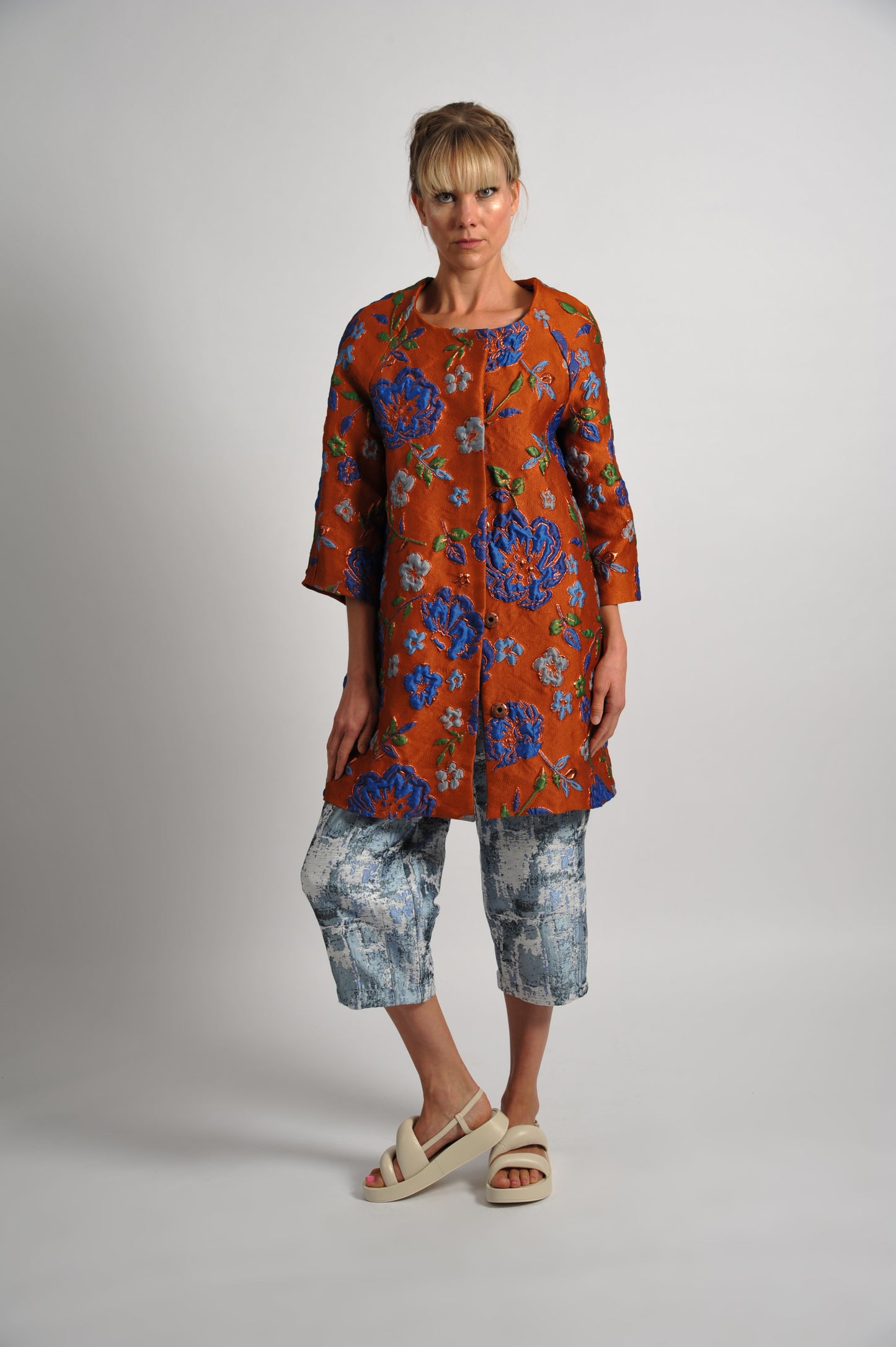 Metallic Brocade Barrel Trouser - Ocean Blue