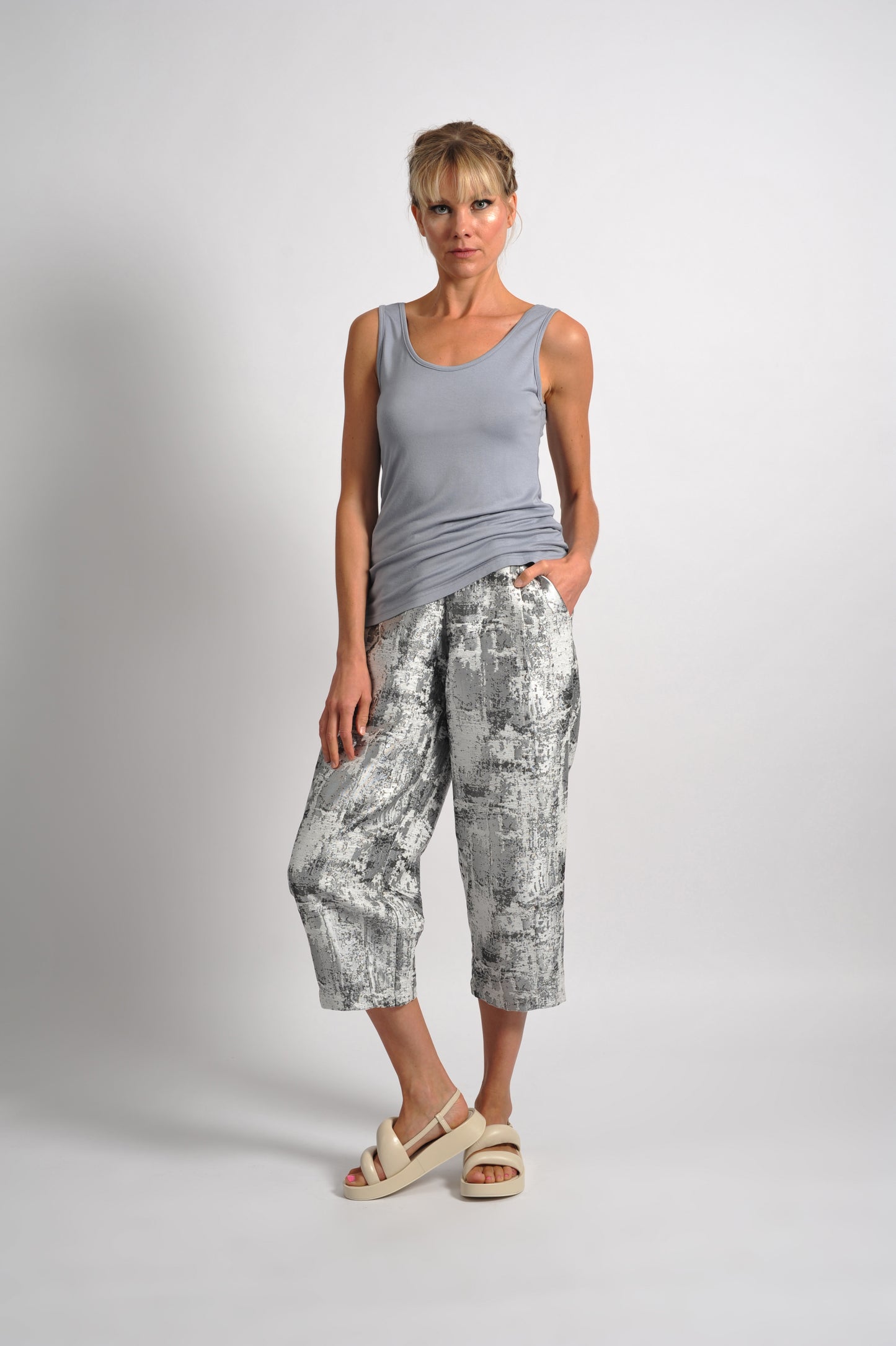 Metallic Brocade Barrel Trouser - Silver Moon