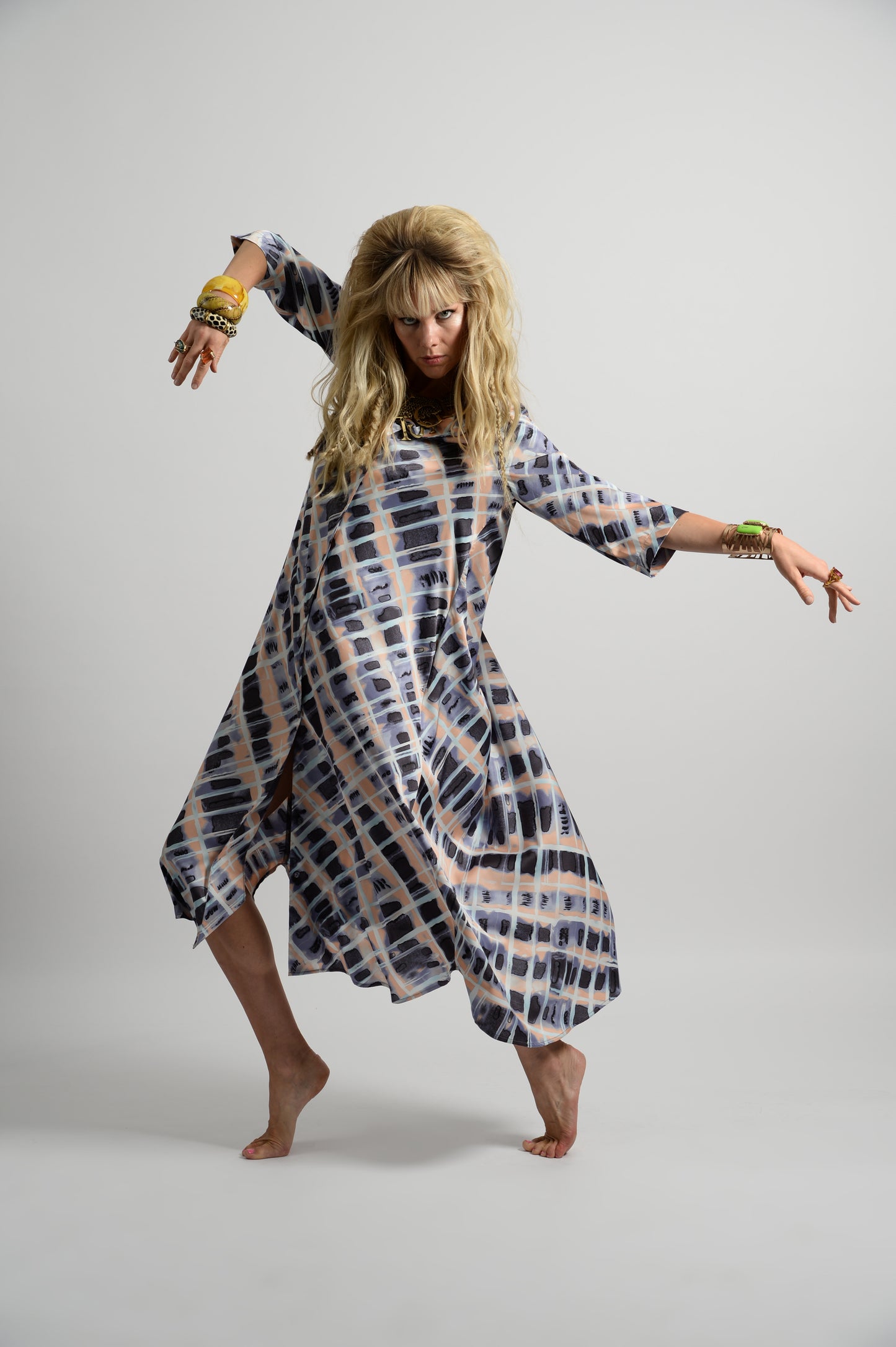 Geometric Pattern Indigo And Peach Inverted Pleat Dress