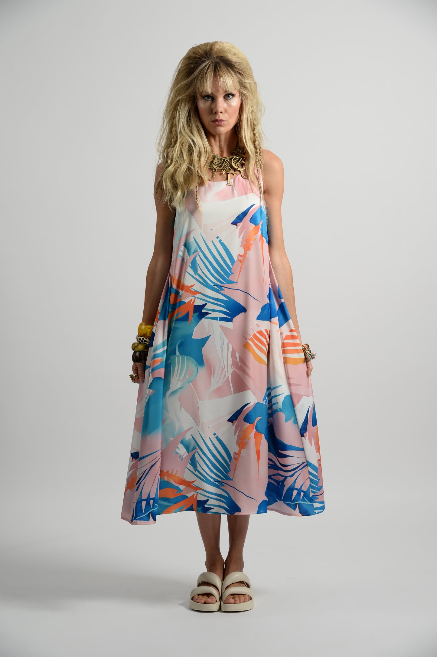 Abstract Bird Of Paradise A-Line Dress - Pink & Blue