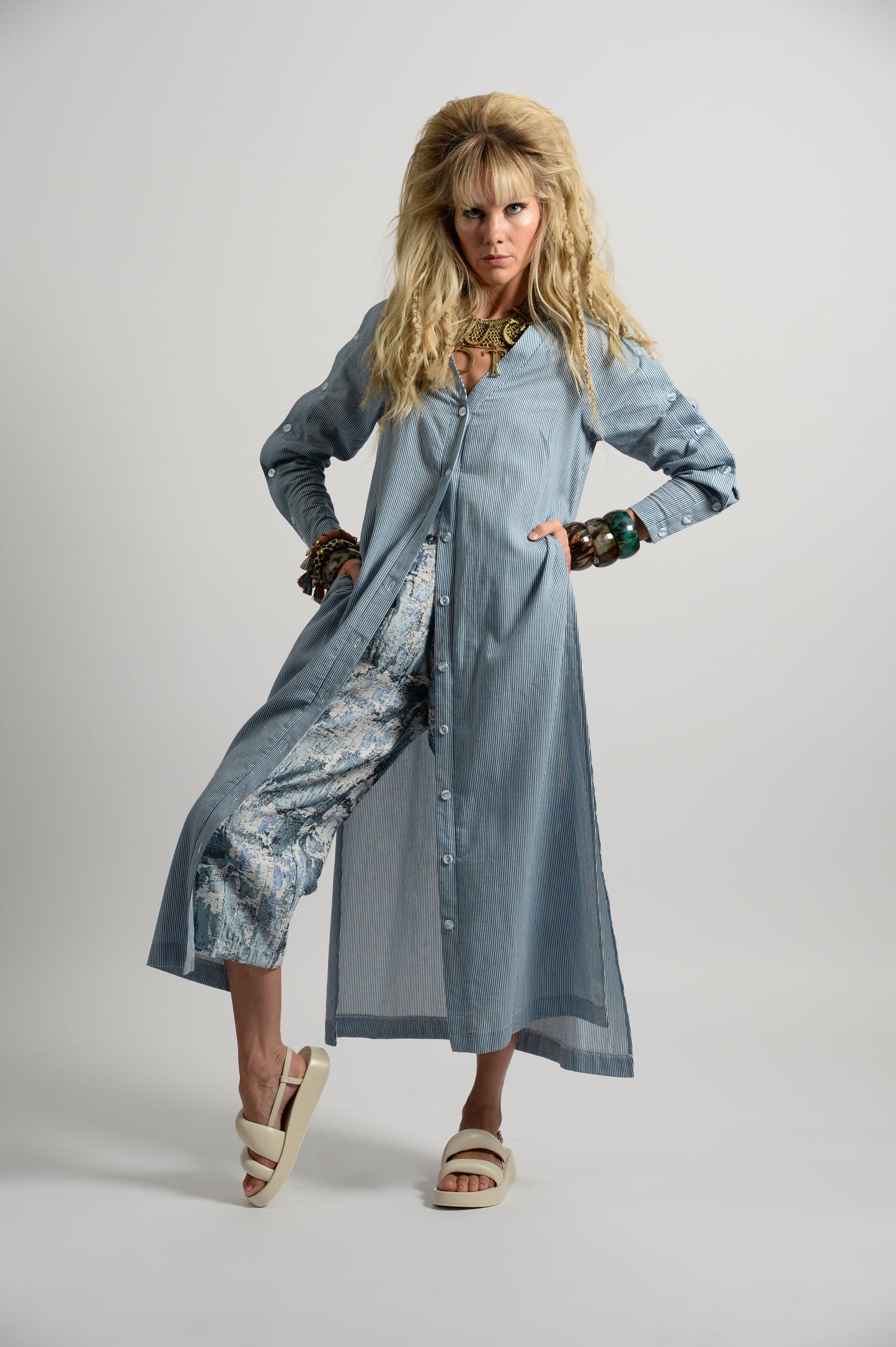 Stripe Cotton Linen Button Tunic Dress - Blue & White