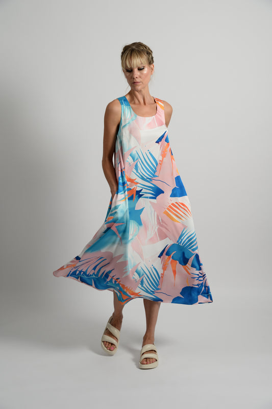 Abstract Bird Of Paradise A-Line Dress - Pink & Blue